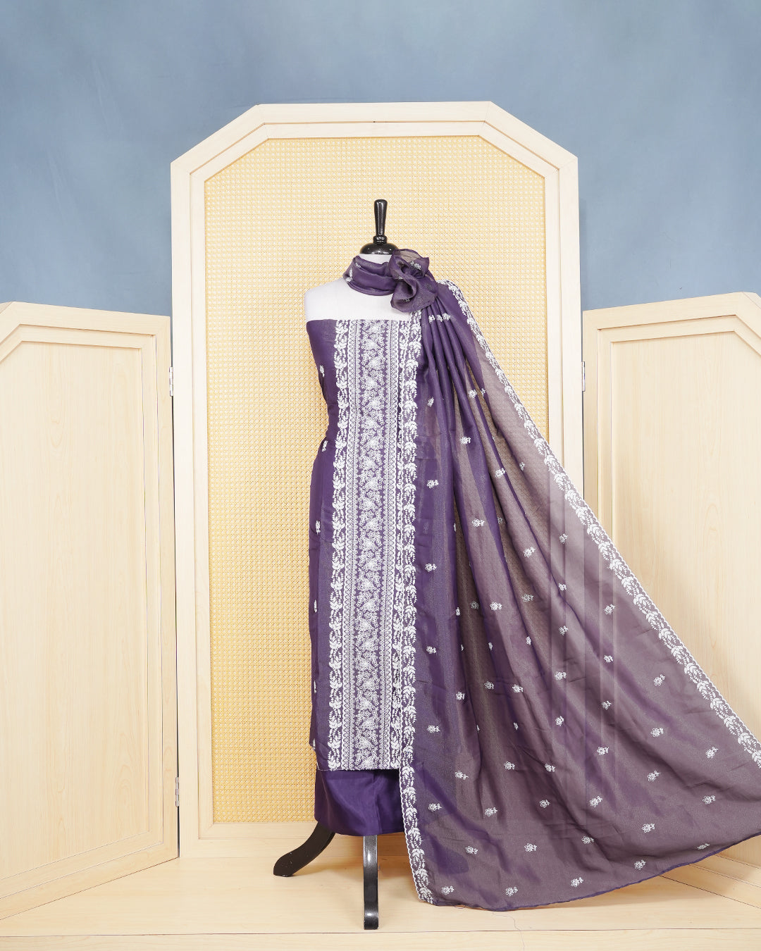 Purple Georgette Matierial Featuring Delicate White Thread work Leaf Embroidary Motifs, paired with a matching bottom & elegant Duptta