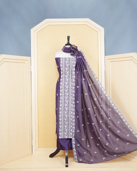 Purple Georgette Matierial Featuring Delicate White Thread work Leaf Embroidary Motifs, paired with a matching bottom & elegant Duptta