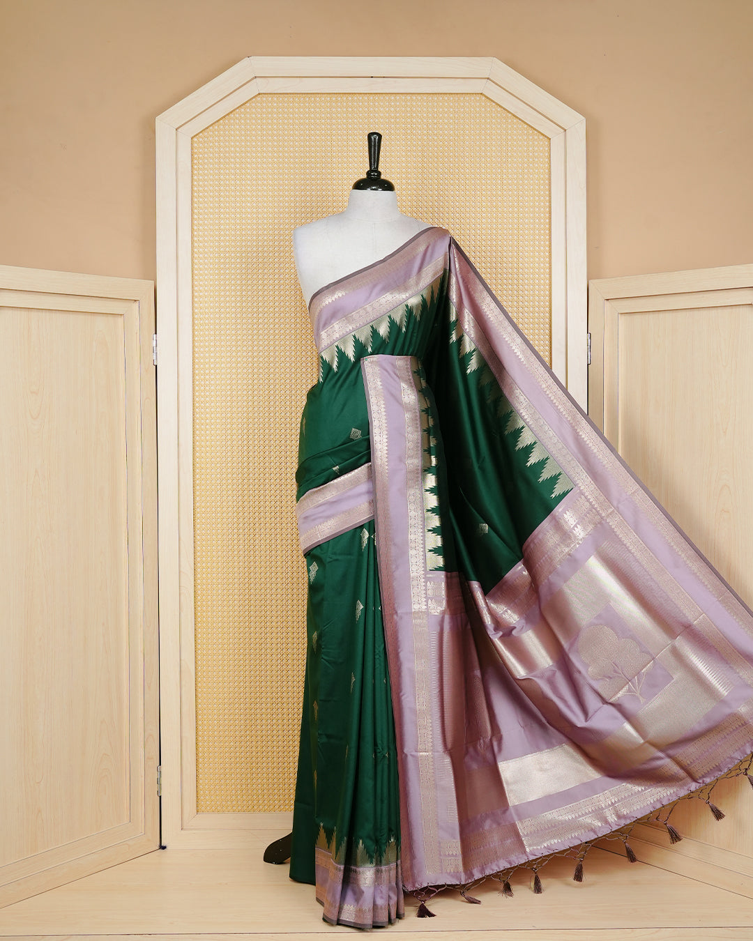Bottle green colour soft silk saree