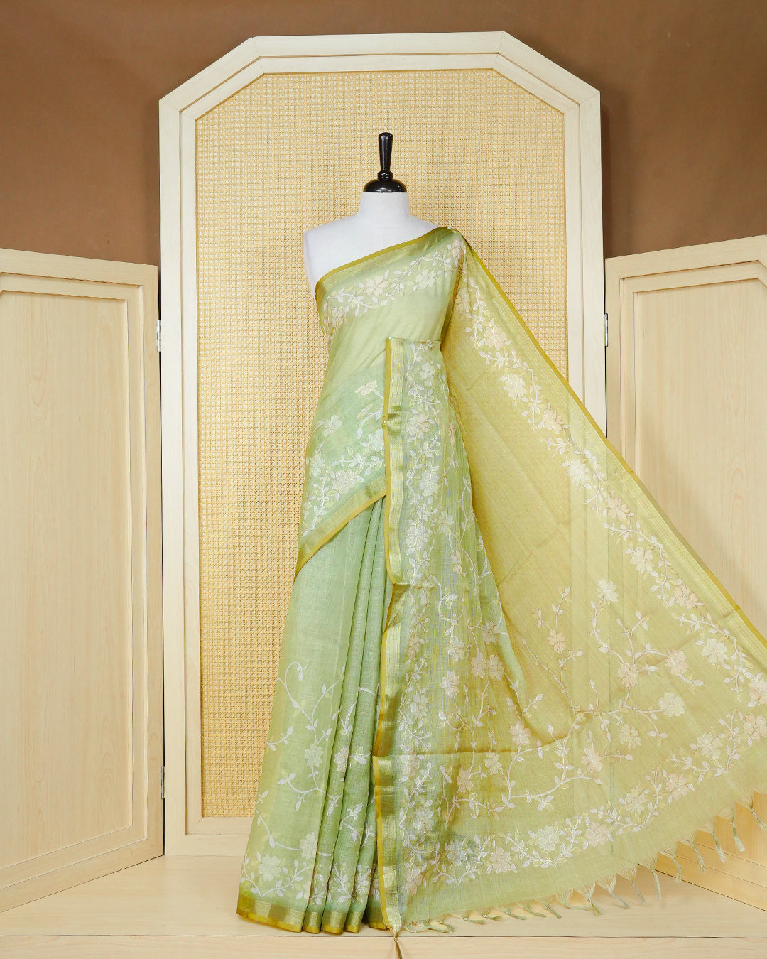 Pastel Olive colour linen tissue BKU inspired saree.