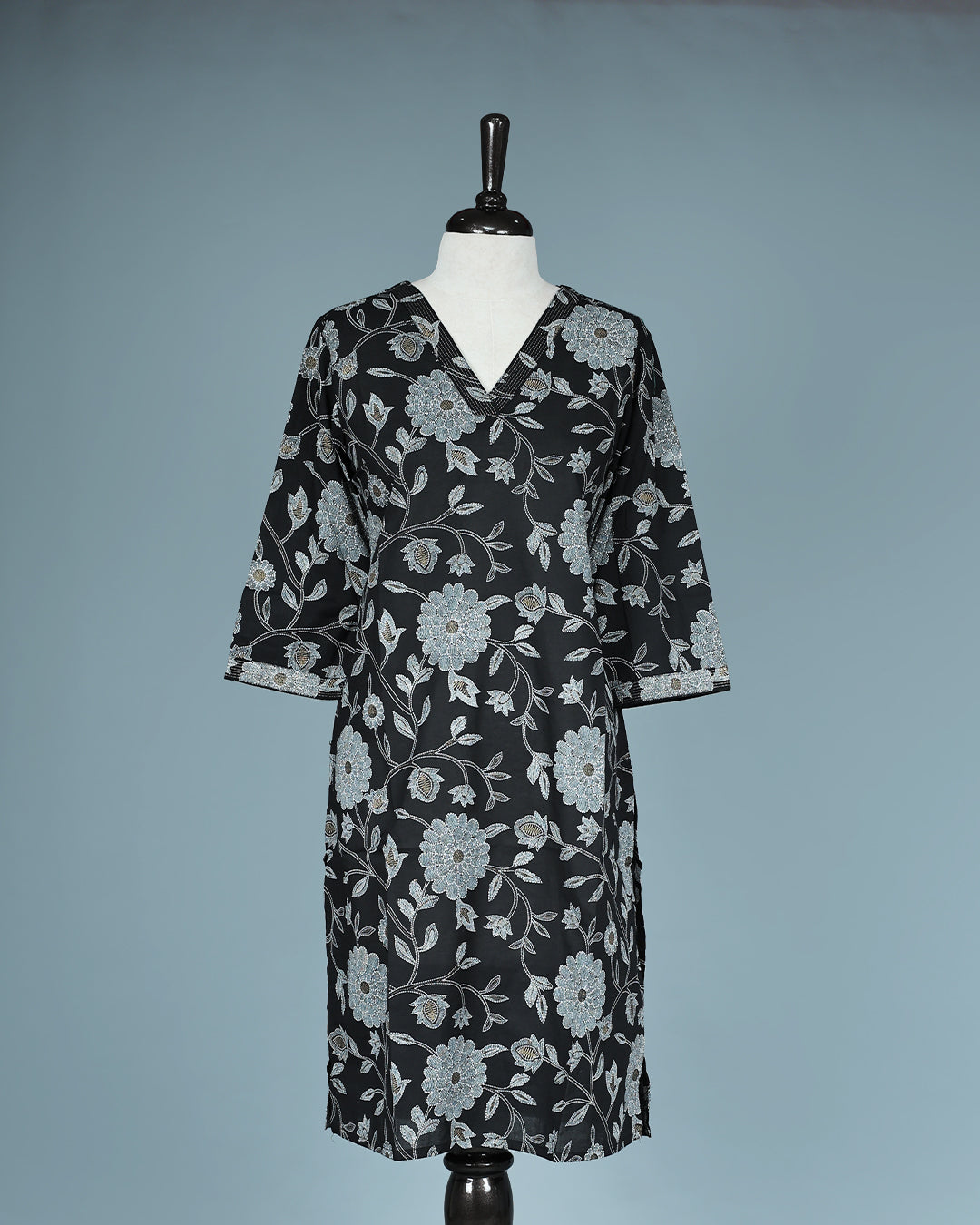 Black Colour Kurti featuring print Work On body , a V neckline, With sleeve.