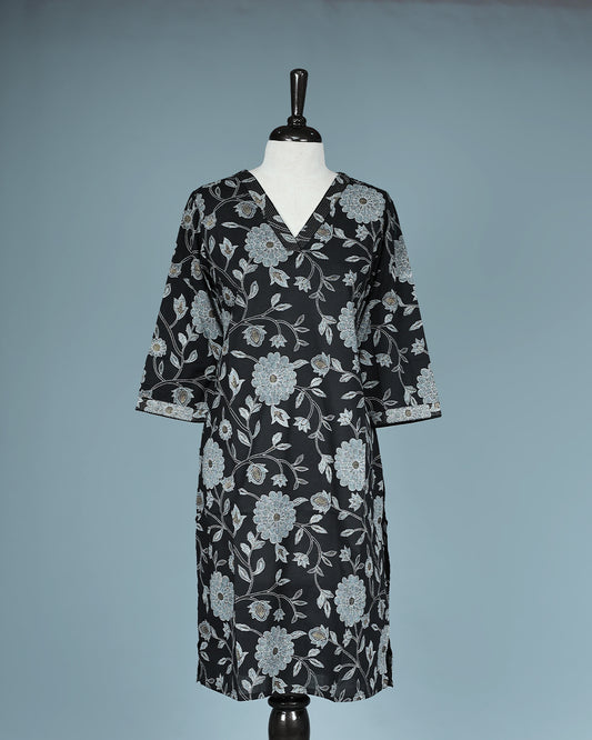Black Colour Kurti featuring print Work On body , a V neckline, With sleeve.