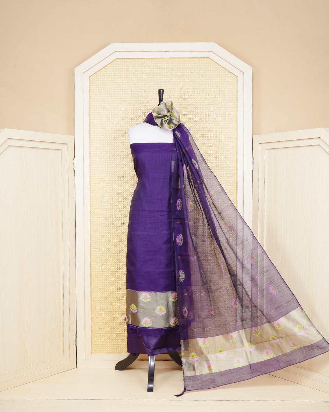 Dark Violet and Gold Colour Semi Linen Material Featuring Floral Thread Pattern Plain Body, Paired with Matching Bottom & Elegant Dupatta