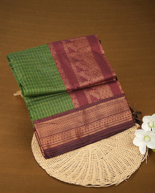 Light Green colour kalyani cotton saree featuring gold zari check pattern on body, complemented by Maroon colour with Antique zari border, paired with matching blouse piece