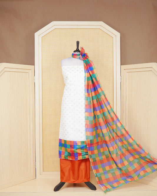 White & Rust Orange Chanderi salwar material featuring Gold zari Small motifs on body and Check pattern body, paired with matching colour santoon bottom, elegant dupatta.