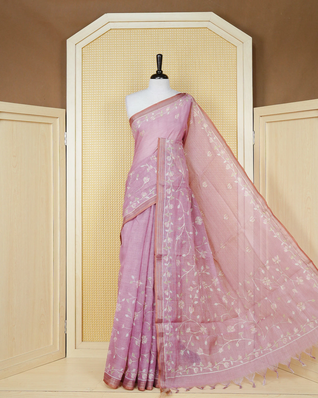 Onion Pink colour linen tissue BKU inspired saree.