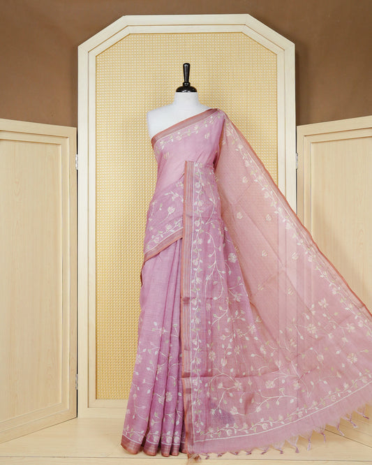 Onion Pink colour linen tissue BKU inspired saree.