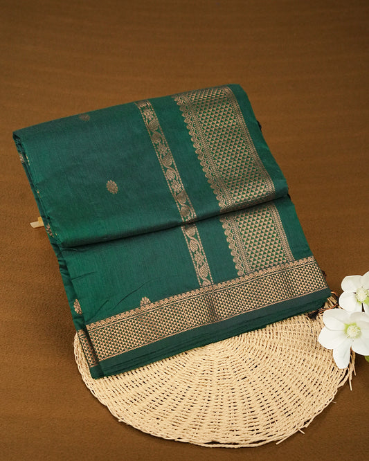 Green Colour Kalyani Cotton saree Featuring Gold Zari Motifs On Body, complemented by Contrast colour with  Gold zari border, paired with matching blouse piece