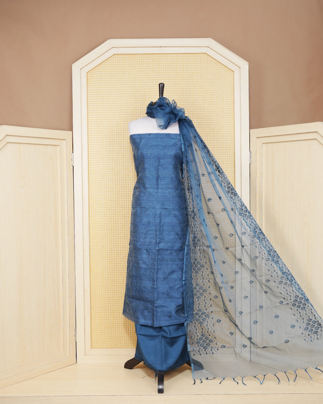 Dusty Blue colour silk cotton Salwar material featuring Thread design Body without border, paired with matching bottom and beautiful dupatta.