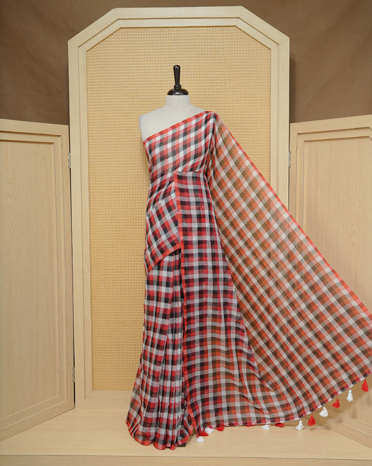 Black, Red & white Mul cotton saree featuring Small Check pattern across body, complemented by Elegant Tassels.