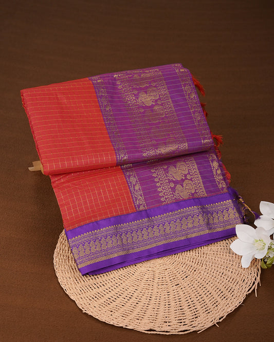 Red colour kalyani cotton saree featuring gold zari check pattern on body, complemented by Purple colour with Antique zari border, paired with matching blouse piece