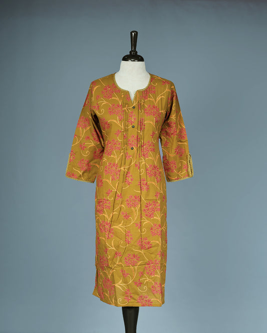 Olive Colour Kurti featuring print Work On body , a Round with V neckline, With sleeve.