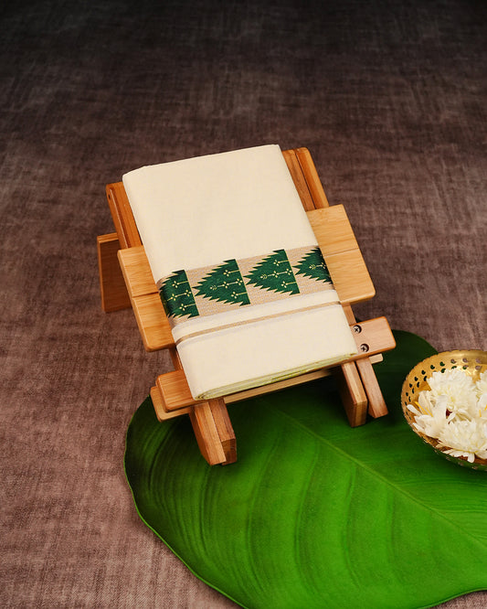 Cream Coloured Cotton Double Dhoti Finished with  Green Temple & Floral Printed Gold Kara