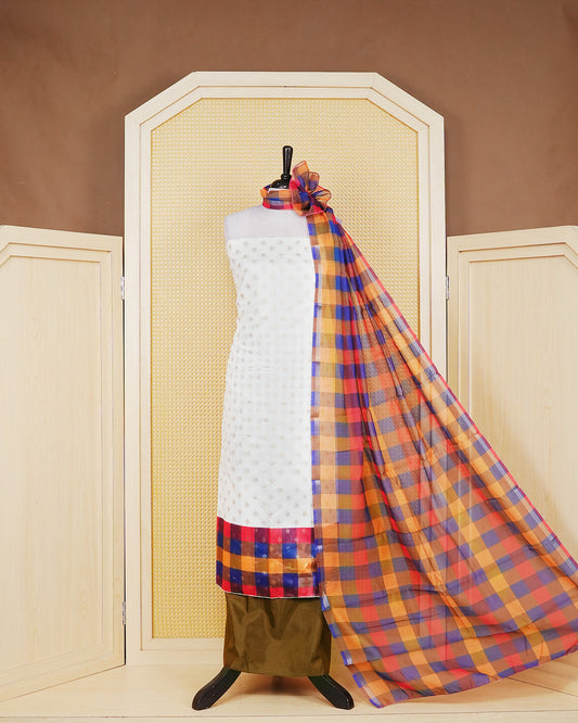 White & Olive Chanderi salwar material featuring Gold zari Small motifs on body and Check pattern body, paired with matching colour santoon bottom, elegant dupatta.