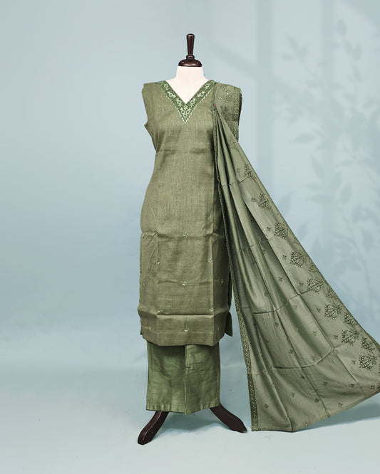 Olive green colour Salwar set comes top with Thread & beats on neck line, paired with matching bottom and dupatta.