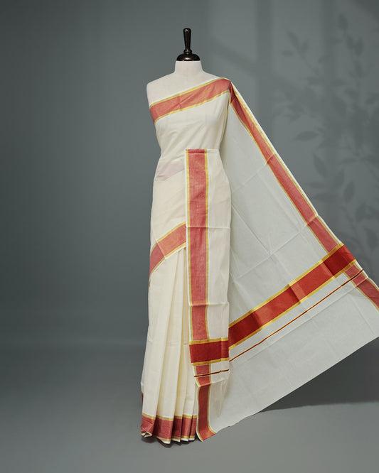 Cream colour Kerala saree Featuring an Elegant plain body, complemented by a classic gold & Red zari border, matching blouse piece.
