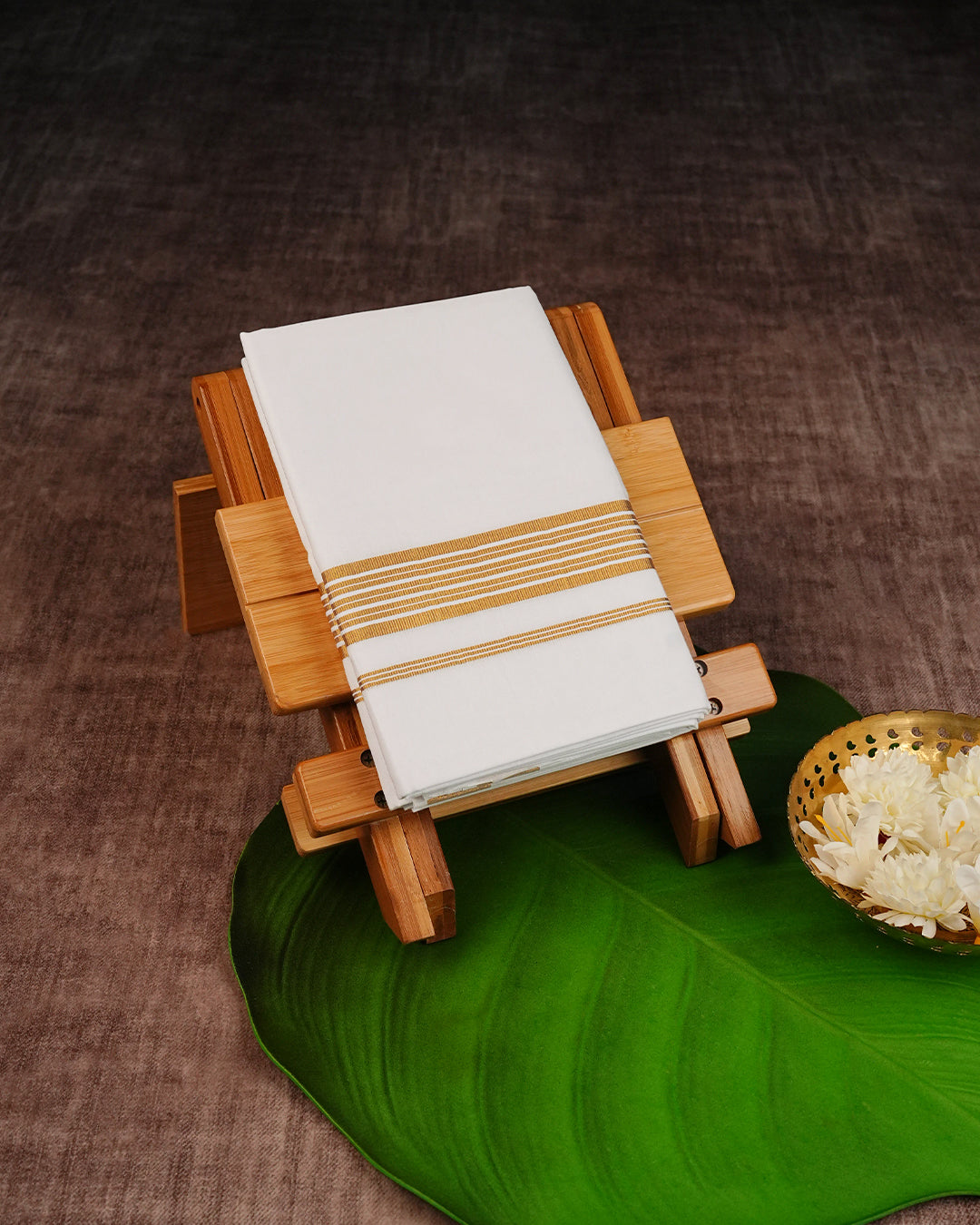 Off White Colour Cotton Double Dhoti Finished With A Classic Striped Gold kara.