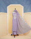 Lavender Pink Georgette Salwar Material featuring an intricate floral embroidery pattern adorned with shimmering sequin accents, paired with a matching bottom and an elegant dupatta.