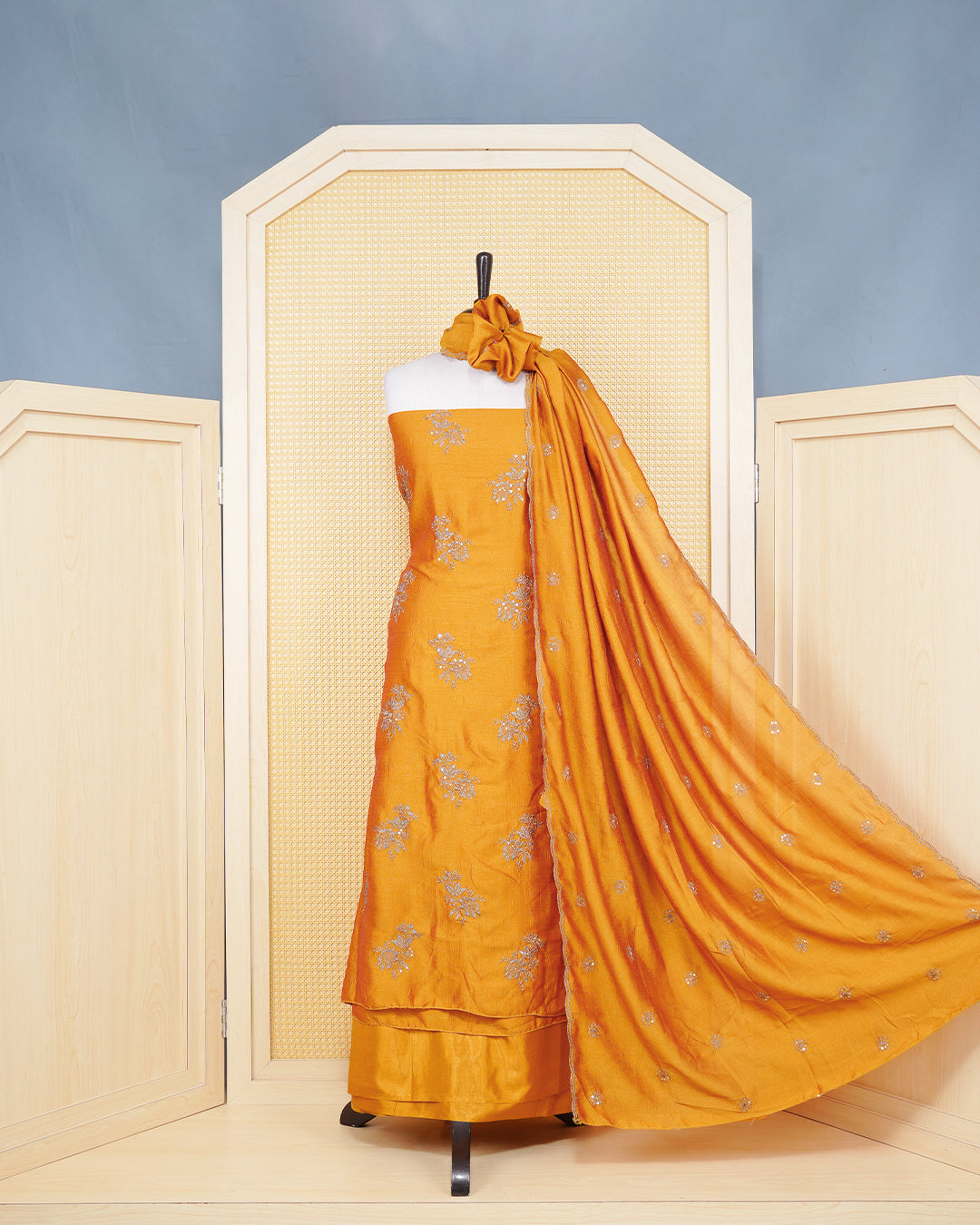 Mustard Colour Georgette Salwar material Featuring Intricate Gold Thread Work Patterns, paired with a matching bottom & elegant Duptta