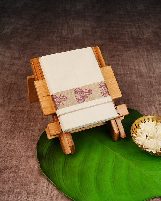 Cream Coloured Cotton Double Dhoti Finished with Magenta Elephant Prints On Gold Kara