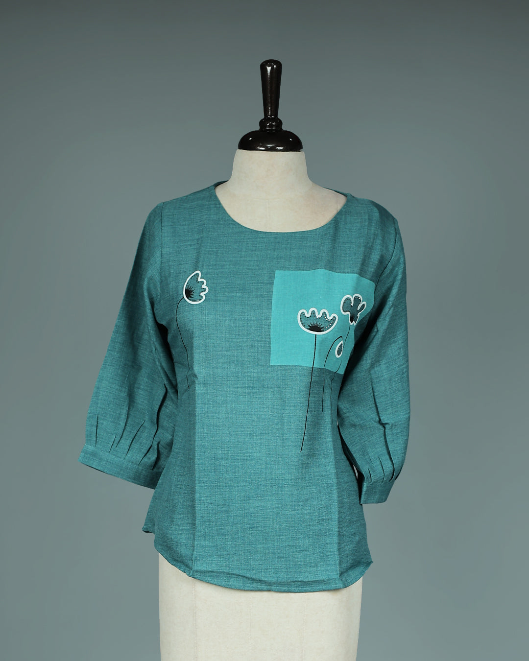 Dusty Green colour Black Print on body, Round Neck design, With sleeve.