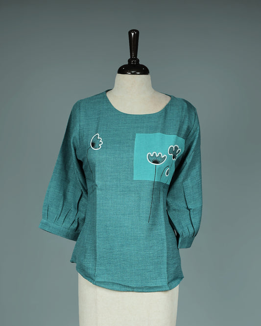Dusty Green colour Black Print on body, Round Neck design, With sleeve.