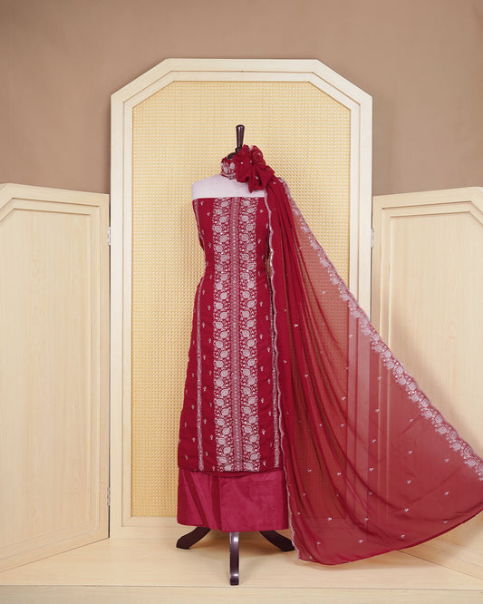 Maroon colour Georgette Salwar Material Featuring Gold Thread Work on body, paired with matching Bottom & Elegant Dupatta.