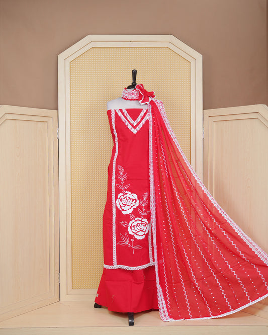 Red colour Cotton Salwar Material Featuring an Threadwork on Body, lace work on neck portion, Paired With a Matching Bottom and an Elegant Dupatta.