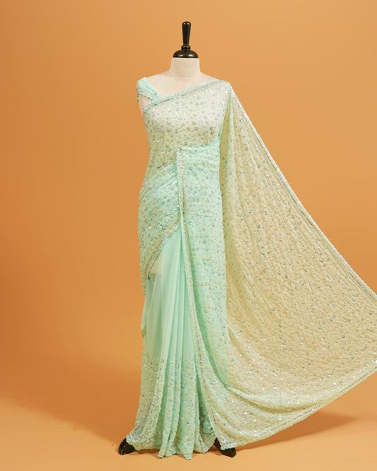 Mint colour Organza saree with Cut Beats & Sequins.