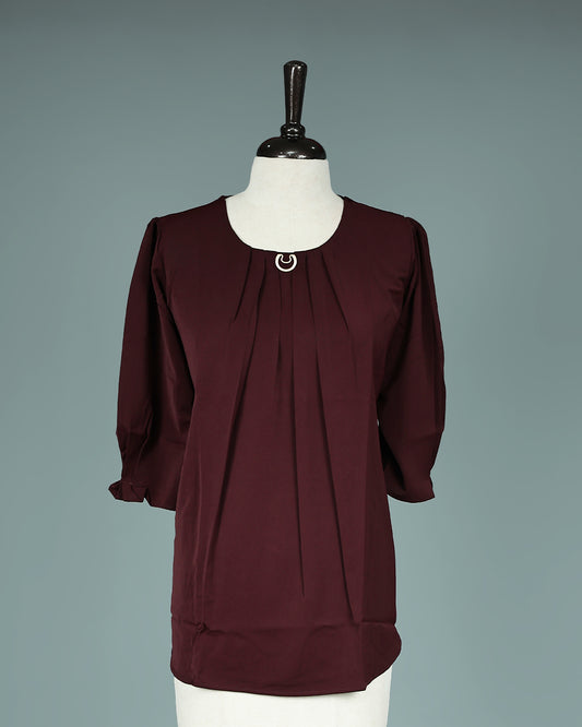 Chocolate colour Top with Plain with Pleats on body, Round neck design, With sleeve.