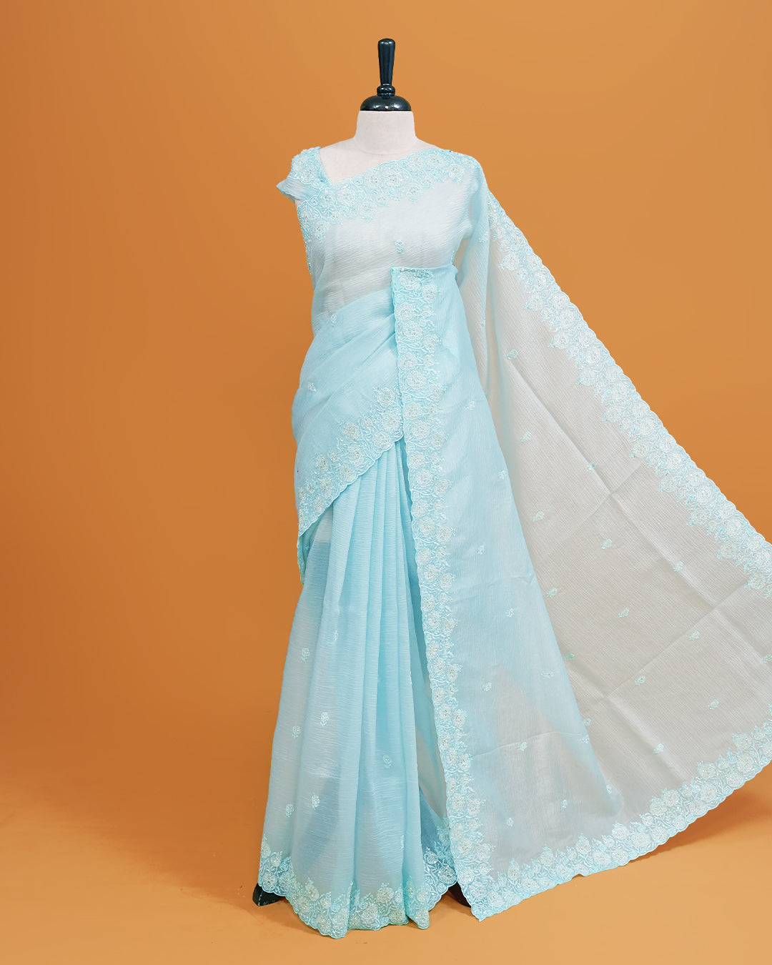 Sky Blue colour Crush organza saree with Cut Beats & Sequins.