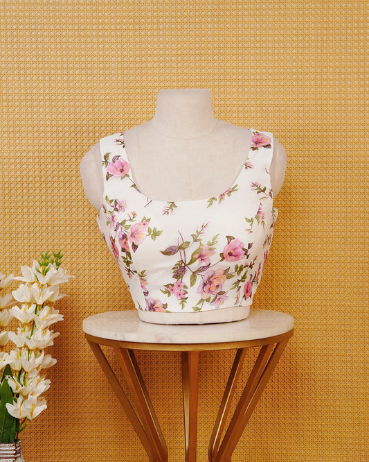 White Floral Print Sleeveless Blouse Featuring A Classic Scoop Neck, Delicate Pink Floral Print, And A Comfortable Tailored Fit.