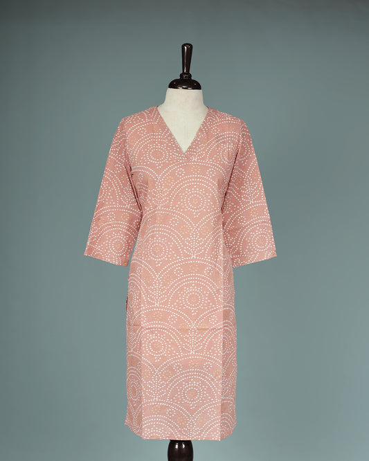 Peach Colour Kurti featuring print Work On body , a V neckline, With sleeve.