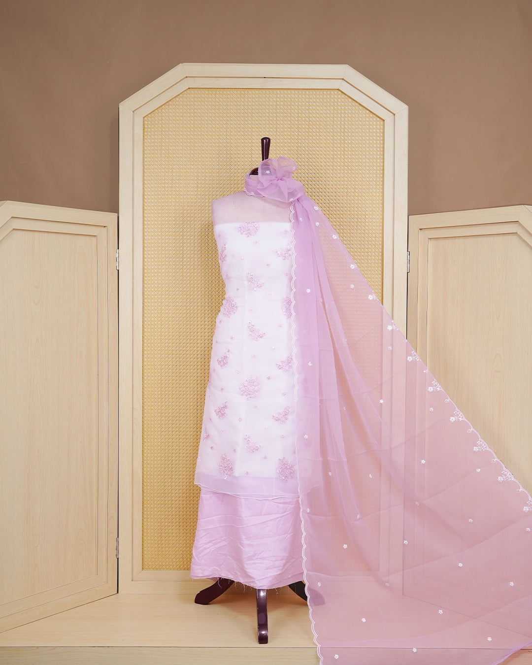 White Colour Organza Salwar Material Featuring Lavender Thread Work with sequins on body, Paired With Matching Bottom & Elegant Dupatta