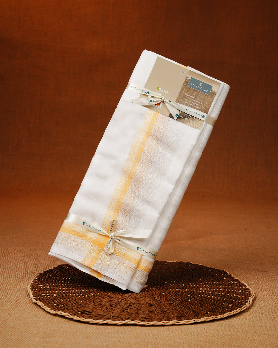 White colour Pure Linen Double dhoti With Light yellow border.