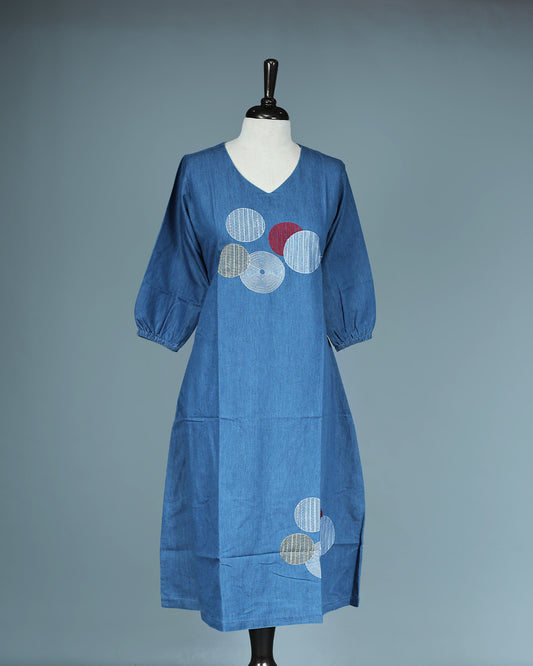 Light Blue Denim Design Colour Kurti featuring Thread Geometric Work On body , a U neckline, With sleeve.