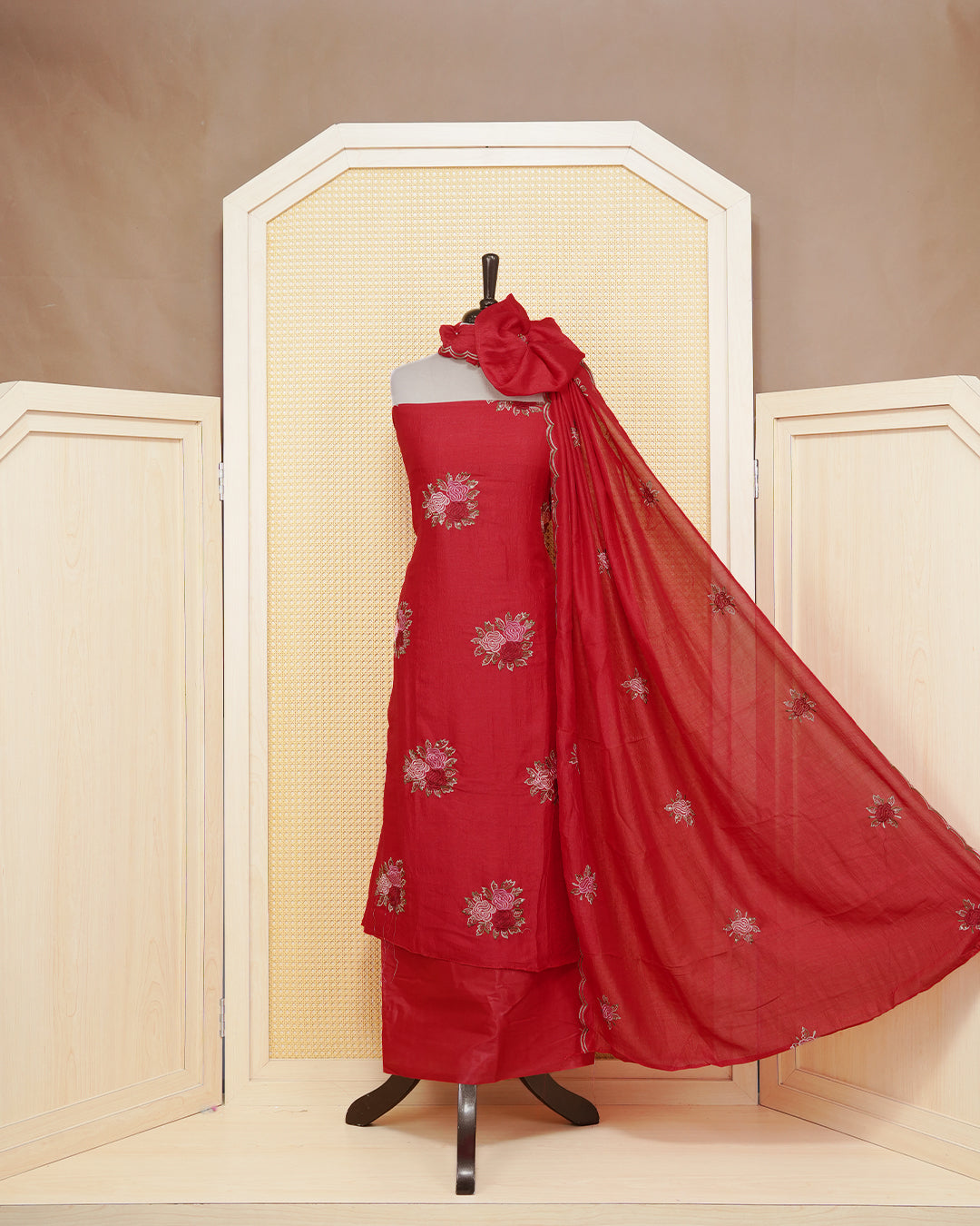 Red Colour Georgette Salwar Material Featuring Thread Work on body, Paired With Matching Bottom & Elegant Dupatta