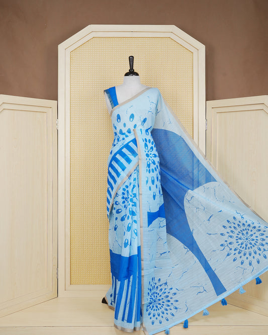 Skyblue & blue coloured semi linen saree