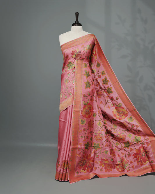 Pink Colour Pashmina Saree featuring Plain body, complemented by Contrast Peach colour with Floral pattern & gold zari on border and Pallu, comes with matching blouse piece.
