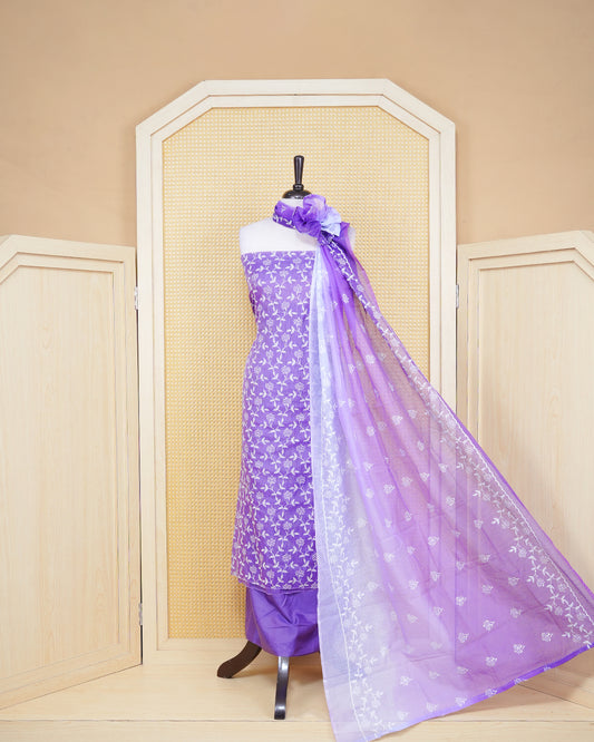 Lavender Colour Net Kota Material Featuring Floral Thread Pattern on Body, Paired with Matching Bottom & Elegant Dupatta