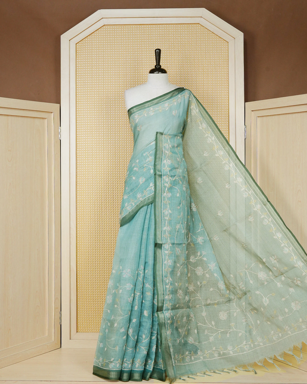 Pastel teal colour linen tissue BKU inspired saree.