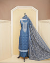 Dusty Blue colour Net kota salwar material featuring elegant Threadwork on neck portion & floral prints on body, paired with a matching bottom and an elegant dupatta.