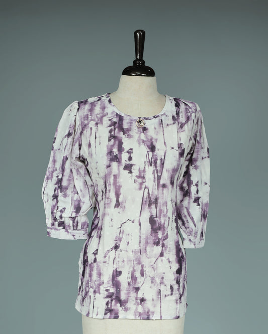Purple colour Top with Print on body, Round neck design, With sleeve.