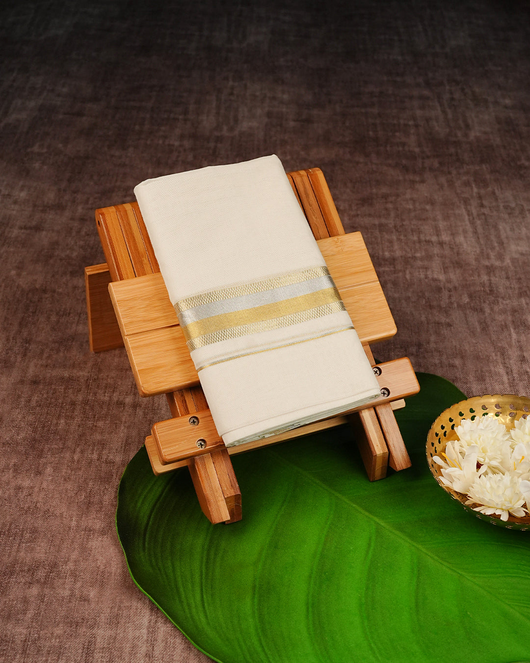 Cream Coloured Cotton Double Dhoti with Elegant Silver,  Gold & Light Gold Kara