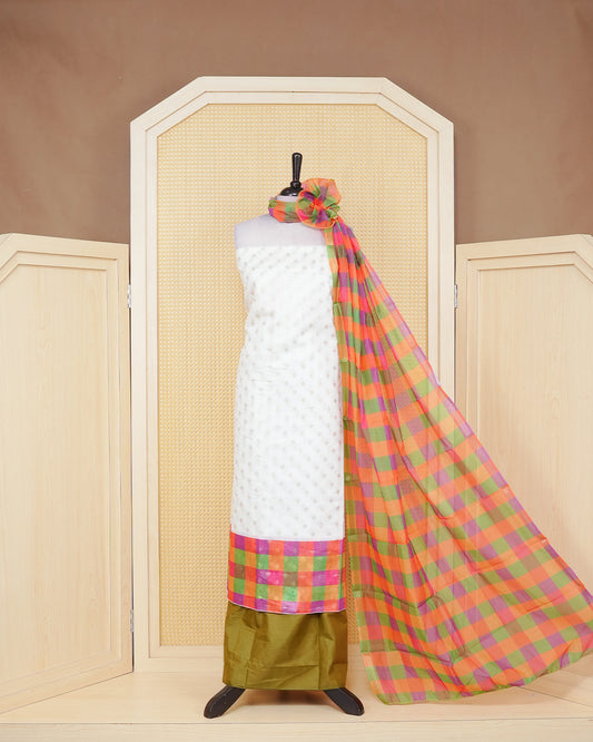 White & Dark Olive Chanderi salwar material featuring Gold zari Small motifs on body and Check pattern body, paired with matching colour santoon bottom, elegant dupatta.