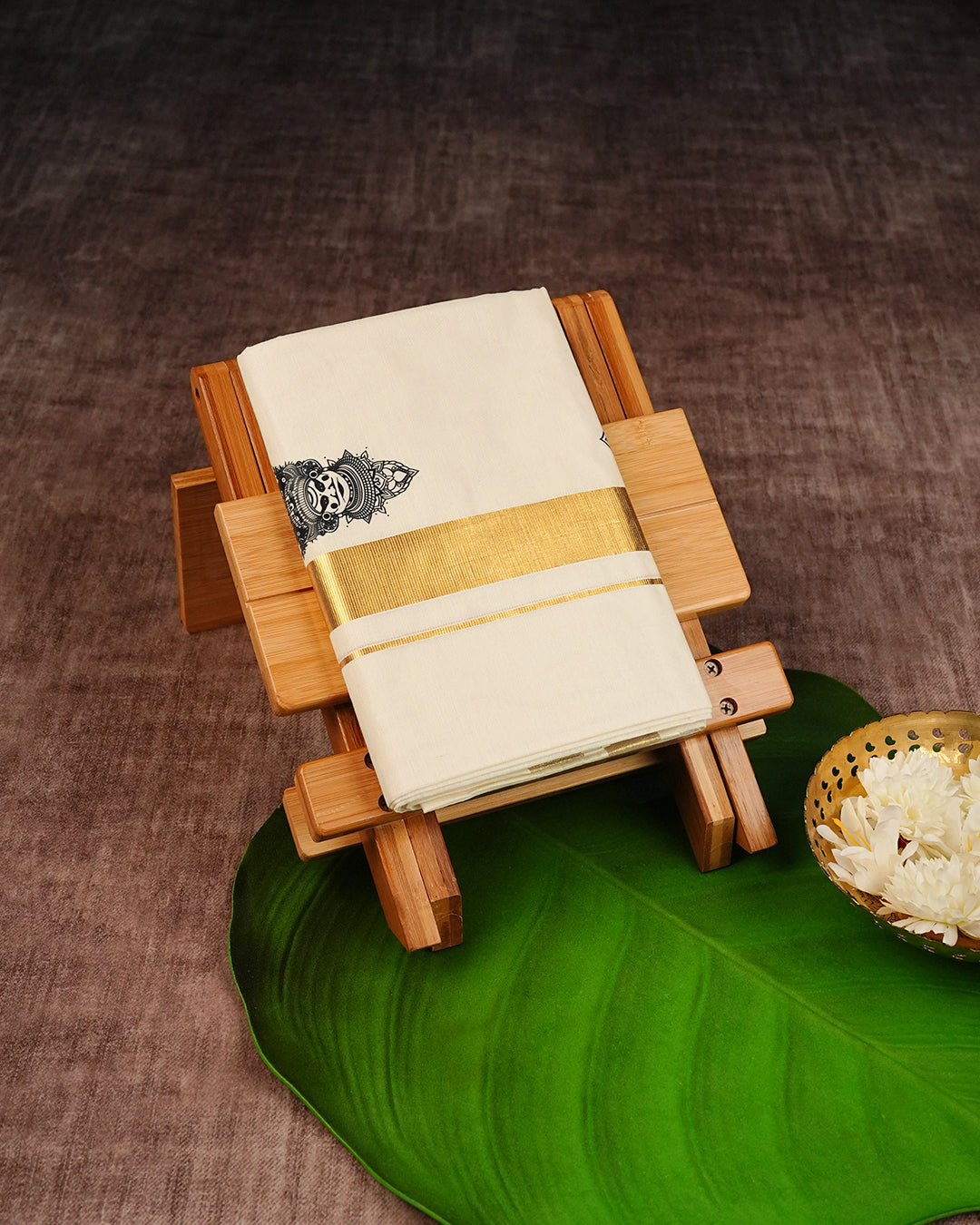 Cream Coloured Cotton Double Dhoti Finished with Traditional Art Form Prints & Gold Kara