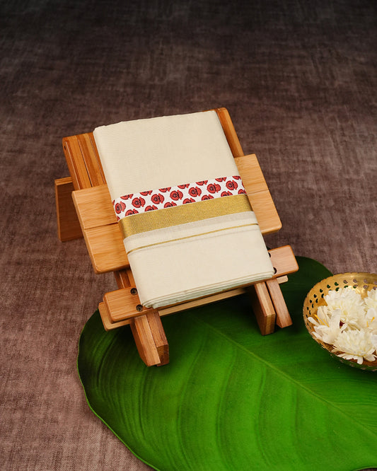 Cream Coloured Cotton Double Dhoti Finished with Traditional Arts Form Prints & Gold Kara