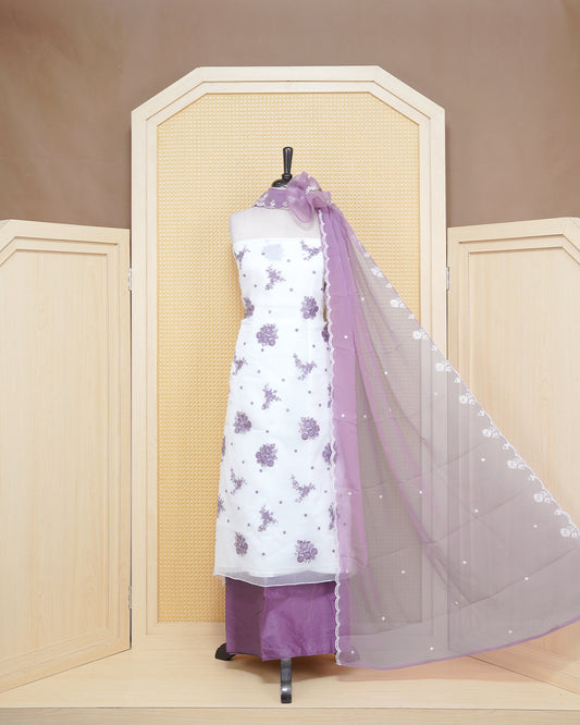 White Colour Organza Salwar Material Featuring Dusty Purple Thread Work with sequins on body, Paired With Matching Bottom & Elegant Dupatta