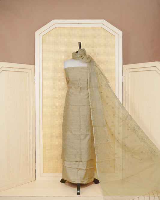 Beige colour silk cotton Salwar material featuring Thread design Body without border, paired with matching bottom and beautiful dupatta.