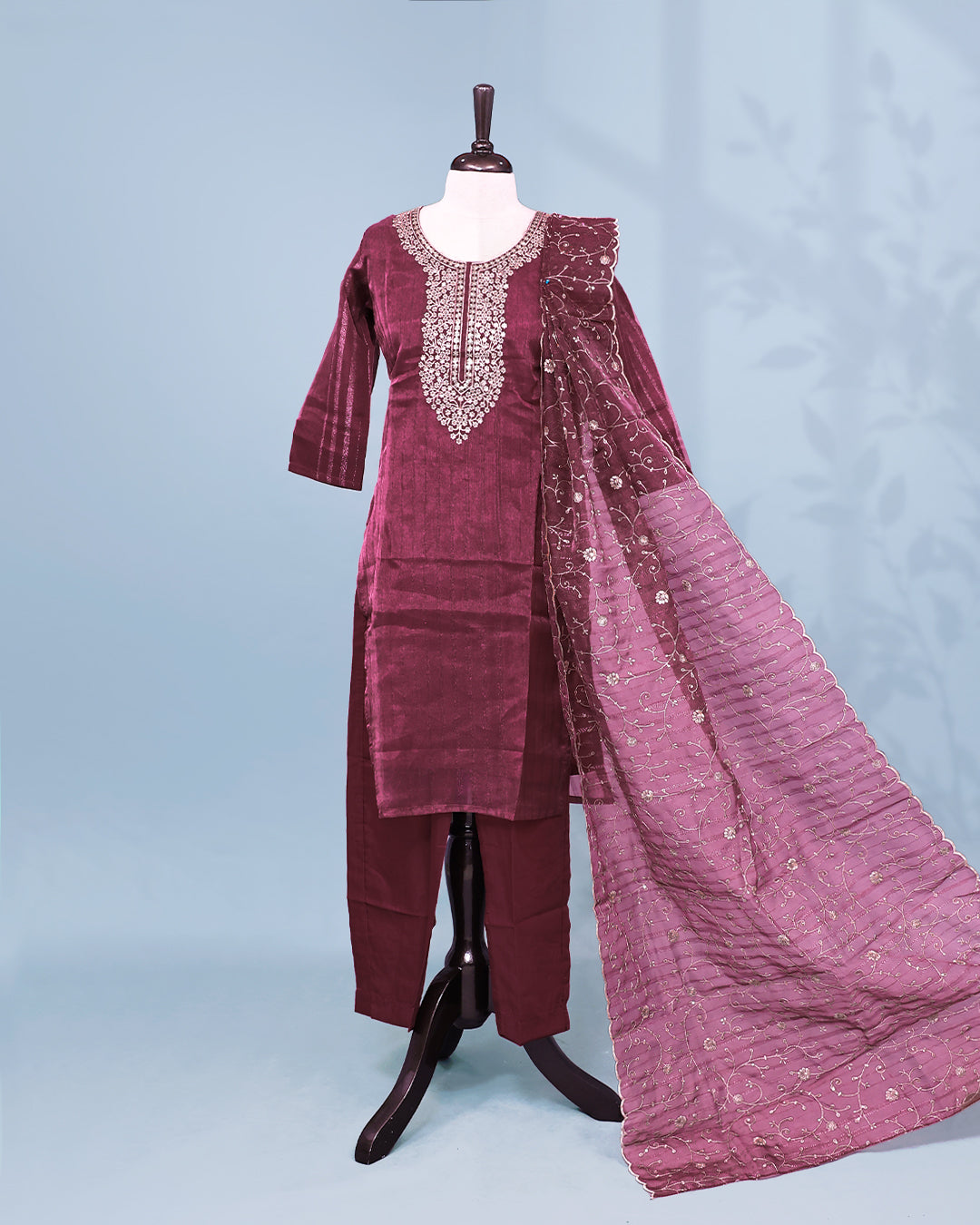 Maroon colour salwar set with Sequins & thread work on top, paired with matching bottom & Dupatta.